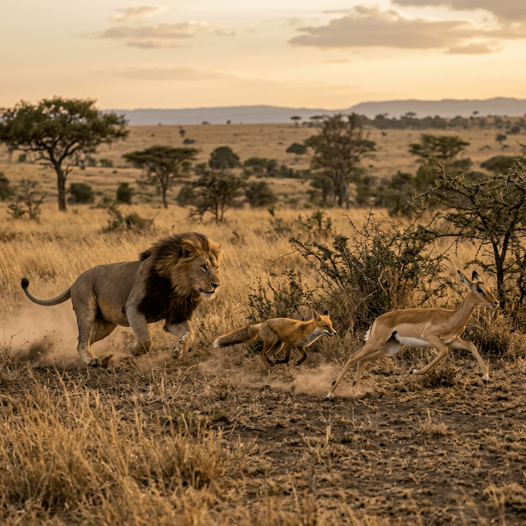 Lion and fox chasing impala on dry savanna grassland